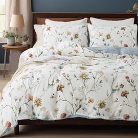 Zusbest Vintage Printed Duvet Cover Set Queen Size 100% Cotton Floral Bedding Wildflower Botanical Pattern Comforter Cover Brown Beige Reversible Bed Cover Crisp Soft All Season 3Pcs, Queen
