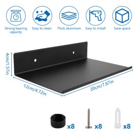 FWEEK Pack of 4 Black Floating Shelves, 20 cm Small Wall Shelf, Black Metal Shelf, Black Wall, Bathroom Shelf, Wall Mounted with Hole and Screws for Storage and Decoration