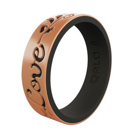 QALO Women's Rubber Silicone Ring, Love Strata Rubber Wedding Band, Breathable, Durable Engagement Silicone Ring, 6mm Wide 1.85mm Thick, Rose Gold & Black Filigree, Size 6