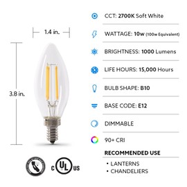 Feit Electric LED Candelabra Light Bulb, 100W Equivalent, Dimmable, E12 Base, 2700K Soft White, B10 Filament Torpedo Tip Decorative Lighting Bulbs, 13-Year Lifetime, BPCTC100927CAFIL/2/6, 12 Pack