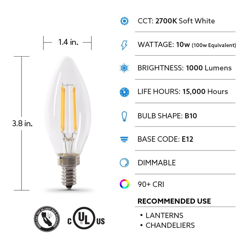 Feit Electric LED Candelabra Light Bulb, 100W Equivalent, Dimmable, E12