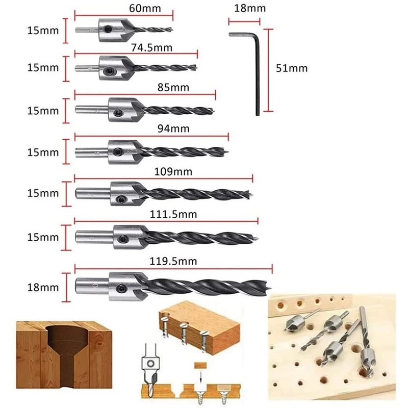 23pcs Countersink Drill Bit Set,6 Countersink Drill Bits, 7 Three
