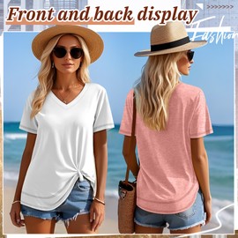 Riyiper 3 Pack Women's V Neck T Shirts Flowy Loose Fit Top Casual Summer Curved Hem Tee(Black, White, Coral Pink,XX-Large)