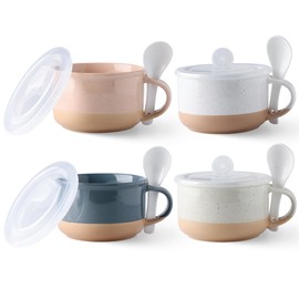 GBHOME Ceramic Soup Mugs with Handles and Lids,24 OZ Soup Cups Set of 4 with Terracotta Underside,Mug Bowls with Spoon for Soup/Cereal/Salad/Noodles/Ramen/Microware &Dishwasher Safe-Colorful