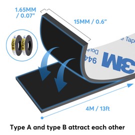 Yamsop Adhesive Magnetic Tape A+B (13 ft + 13 ft), Flexible Magnetic Tape with Adhesive Backing for Screen Doors and Window Screens, Magnetic Stripes with Mutual Attraction