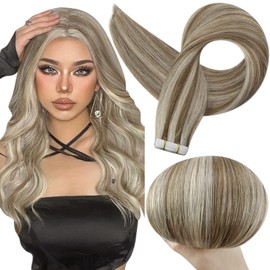 Full Shine Tape in Hair Extensions 20 Inch Hair Extensions Tape in Balayage Color 8 Ash Brown and 60 Platinum Blonde 20 Pcs 50 Gram Double Sided Tape Hair
