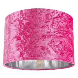 Modern and On-Trend Bright Pink Crushed Velvet Fabric 12" Table or Pendant Circular Drum Lampshade with Shiny Silver Inner - 60watt Maximum | Perfect for Residential or Commercial by Happy Homewares