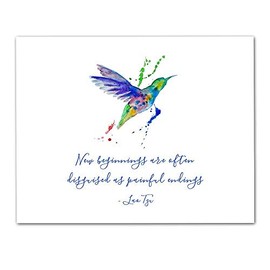 "New Beginnings are Often Disguised as Painful Endings" Lao Tzu Quote Motivational Wall Art- Unframed 11 x 14 Multi Color Watercolor Splash Hummingbird Bird Print - Inspirational Gift under $15