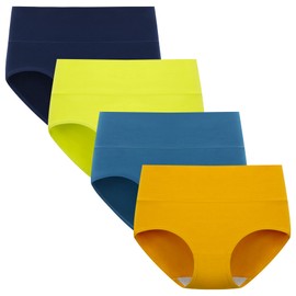 POPKOK Womens Underwear Cotton Briefs High Waisted Postpartum Plus Size Panties 4 Pack(Medium, Dark Blue/Fiery Orange/Dark Green/Lemon Yellow)