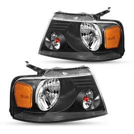 SOCKIR Headlight Assembly Compatible with 2004-2008 Ford F150 / 2006-2008 Lincoln Mark LT Passenger and Driver Side (Black Housing with Amber Reflector)