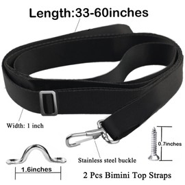 2 Pack Bimini Boat Top Straps, Heavy Duty Adjustable Straps with Hooks 28"~60" Awning Marine Webbing Boat Canopy Straps w/ 2 Stainless Steel Pad Eye Straps