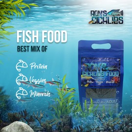 RON'S CICHLIDS African Cichlid Fish Food, Premium Tropical Fish Food Pellets with Protein, Veggies & Fruits for Healthier, Brighter & Bigger Tropical Fish & Cleaner Tanks, Juvie Blend, 8 OZ