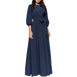 AOOKSMERY Women Elegance Audrey Hepburn Style Round Neck 3/4 Puff Sleeve Swing Maxi Dress Long Belt Dresses with Pockets (Navy, Small)