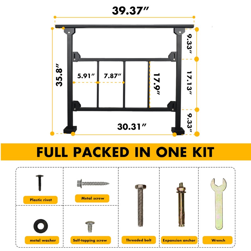 Upgrade 3 Steps Black Handrail & Indoor Stair Railing Kit,