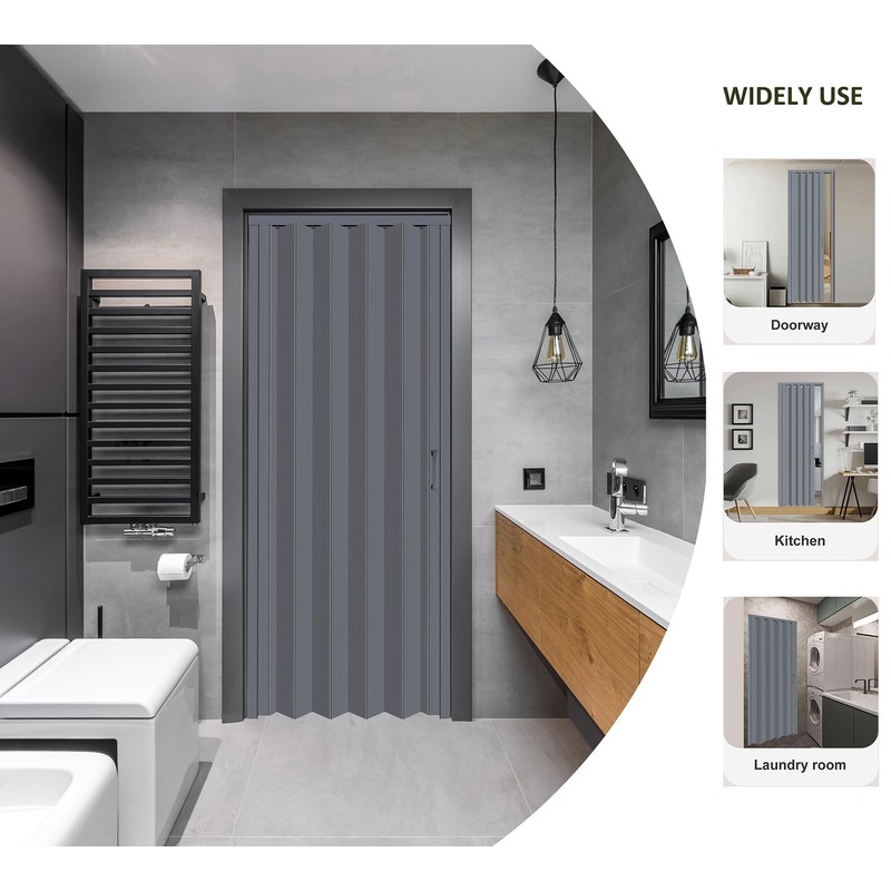 DIYHD 32X80in Interior Folding PVC Accordion Door,Grey,Include Door and Mounting