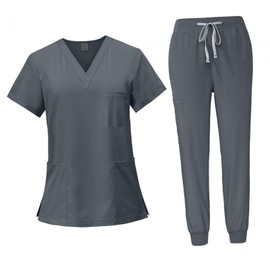 LOVIVER Female Scrub Set Nurse Workwear V Neckline Professional Machine Washable Top and Joggers Pant Work Clothing for Beauty Center, Gray, XL