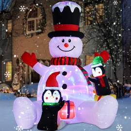 Artiflr 7ft Inflatable Christmas Snowman with Penguins, Rotating 7 Color Changing Led Lights and 3LED Lights Xmas Holiday Blow Up Family Party Decoration Yard Lawn Indoor Outdoor Inflatables