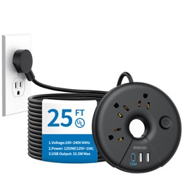 Extra Long Extension Cord 25 ft, NTONPOWER Flat Plug Power Strip with 3 Outlets 3 USB Ports(1 USB C), Flat Plug Extension Cord, Extension Cord with Multiple Outlets for Lndoor, Home, Office, Dorm