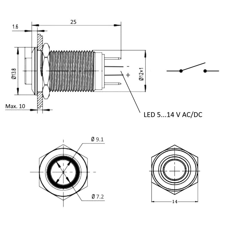 WITTKOWARE 14 mm Metal Pressure Switch, Installation Diameter 12 mm,
