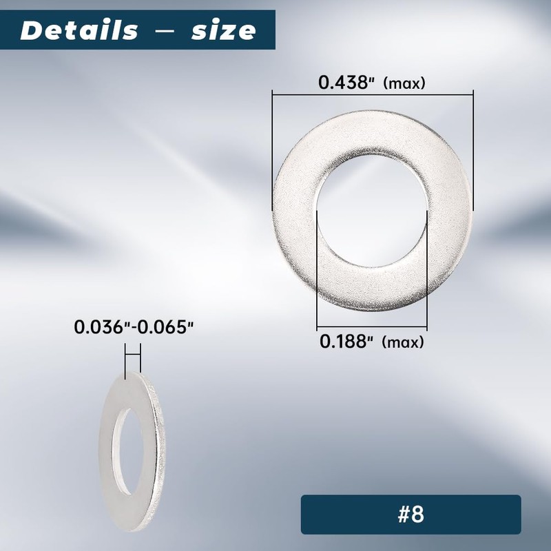 100 PCS #8 Stainless Flat Washers, 7/16" Outer Diameter, 18-8