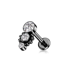 PiercedOff Black 316L Surgical Steel Labret with Triple Clear CZ Round Dropdown With Ball Cluster - Length 6mm Width 1.2mm