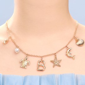 Initial B Charm Necklace For Women, Boho Gold Summer Beach Surfer Letter Necklace Starfish Seashell Pearl Turtles Dolphin Charms Pendant, Trendy Pendant Alphabet Choker Necklace Jewelry Gifts