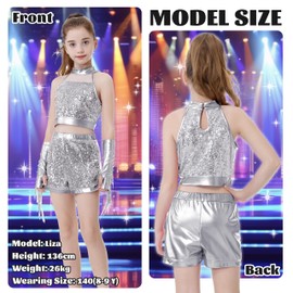 LOLANTA Girls Sequin Dance Costume, Glitter Hip Hop Jazz Dance Outfit, Kids Street Dance Clothing with Sleeveless Top and Shorts, silver
