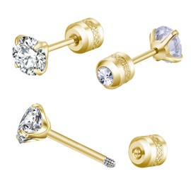 3MM Tiny CZ Screw On Flat Back Stud Earrings for Women Men Girls,14K Gold Plated Stud Earrings Unisex,Dainty Double Sided Round Cubic Zirconia Earrings Lightweight Hypoallergenic Jewelry Gifts