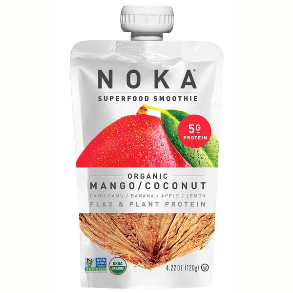 NOKA Superfood Pouches | 100% Organic Fruit And Veggie Smoothie Squeeze Packs | Non GMO, Gluten Free, Vegan, 5g Plant Protein (Mango / Coconut, Pack of 12)