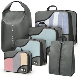 6 PCS Cubos de Compresión, Organizadores de Viaje Expandibles para Equipaje de Mano, Accesorios Organizadores de Malla Impermeable de 4 Tamaños con Bolsa para Zapatos y Bolsa para Ropa Sucia (Gris)