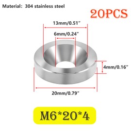 Ctyjia 20 PCS Countersunk Head Washer, 304 Stainless Steel Cup Washer M6x20x4mm Cup Head Gasket for Screw, Bolt