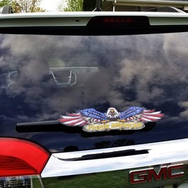 Proud American USA Eagle Flag Wings WiperTag for rear vehicle wiper blades. Detachable and interchangeable. All weather resistant. Universal size. Made in USA.
