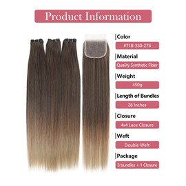 Synthetic Bundles with Closure, Long Straight Quick Weave Hair Bundles, Heat Resistant Hair Extensions Sew in for Women (450g,Mix Brown to Blonde)