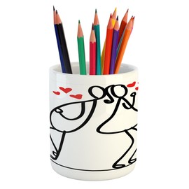 Lunarable Valentine Pencil Pen Holder, Cartoon Style Hand Drawn Romantic Couple with Little Red Hearts Love Theme, Printed Ceramic Pencil Pen Holder for Desk Office Accessory, Red Black White