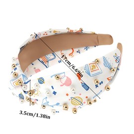 Luixenir Fashion White Top Knotted Headband Fabric Hairband with School Prints & Pearls Non Slip Wide Headbands Hair Accessories for Teachers Students