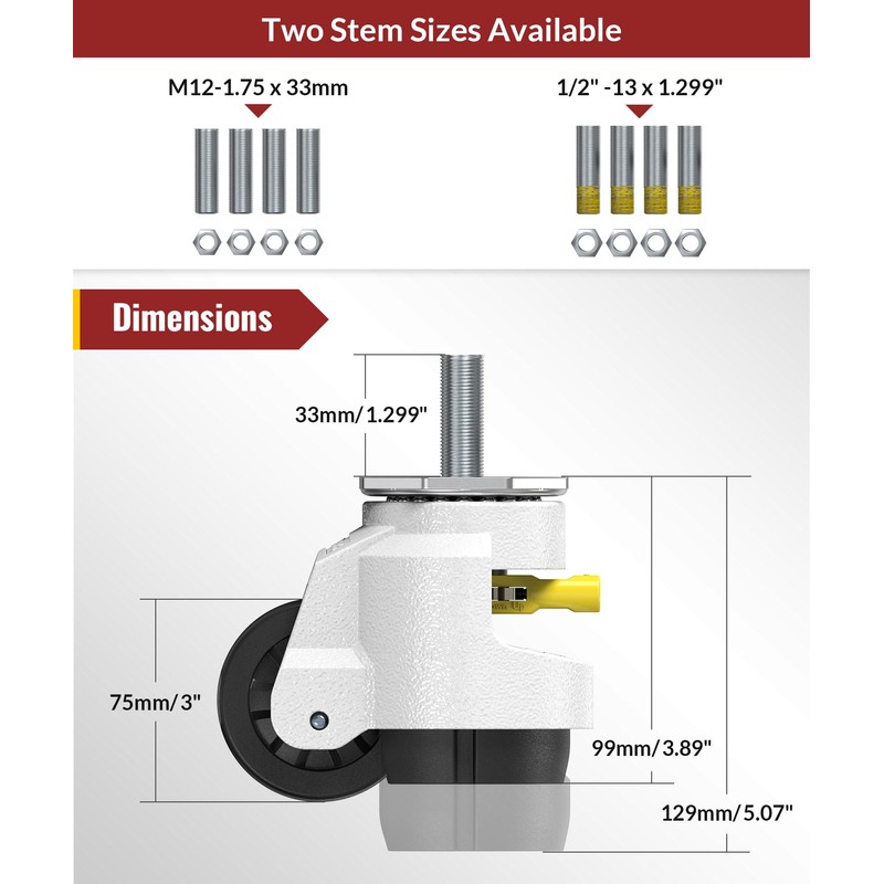 HOLKIE Leveling Stem Casters Set of 4 Heavy Duty Retractable