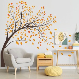 Autumn Tree Wall Decals Large Tree Wall Stickers DIY Peel and Stick Fall Yellow Leaves Wall Decor for Kids Girls Boy Bedroom Living Room Nursery Classroom Offices TV Sofa Background Decoration