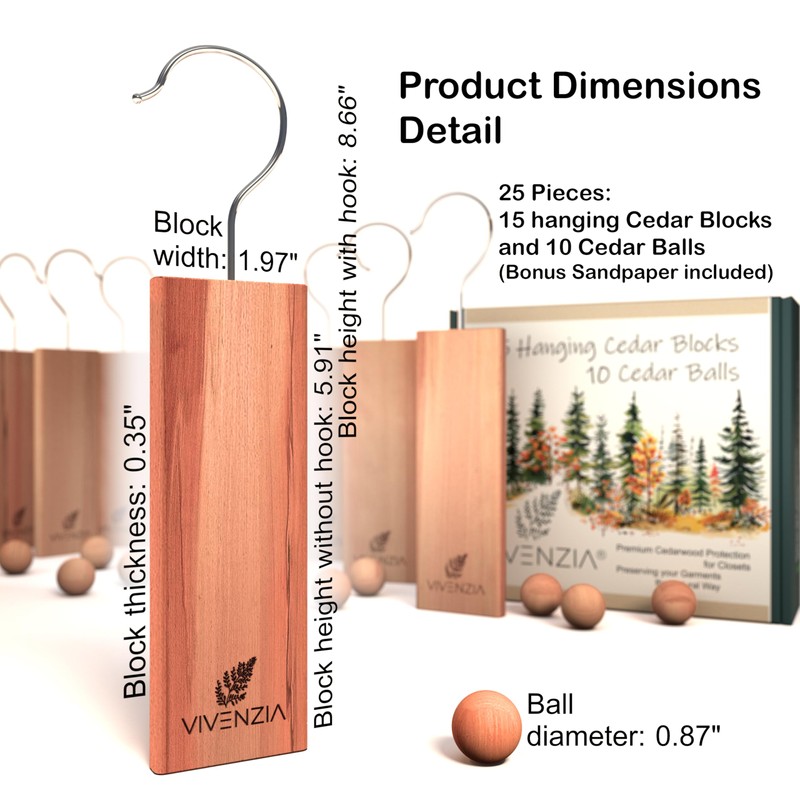Vivenzia Cedar Blocks for Closet -25 pcs (15 Hang-ups &