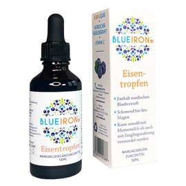 BlueIron Liquid Iron Dietary Supplement with Nordic Blueberries + Vitamin C, Vitamin B12, Folic Acid, Biotin and Zinc, Suitable for Vegans, Easily Absorbed and Gentle on the Stomach, 50 ml