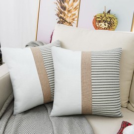 JASEN Farmhouse Pillow Covers 20x20, Modern Accent Square Throw Pillow Covers Set of 2, Grey and Beige Striped Patchwork Decorative Pillow Case for Sofa Couch Chair Bedroom