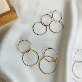 18k two-ring silver earrings, drop ring earrings, 3 colors, double ring, drop ring earrings, pink gold / 18k 투링 은 귀걸이 드롭 링귀걸이 3colors 더블링 드롭 링귀걸이  핑크골드 (Pink Gold)