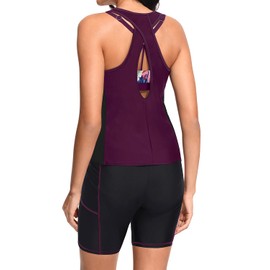 Trajes de baño tankini de 3 piezas para mujer, trajes de baño atléticos, playera sin mangas con pantalones cortos para niño y brasier modesto trajes de baño 2025, Hojas púrpura, Small