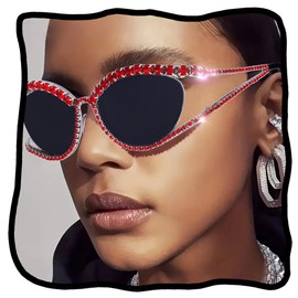 Woeoe Bling Sunglasses for Women Cat Eye Sun Glasses Rhinestone Glasses Oversized Diamond Crystal Sunglasses Vintage (red)