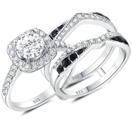 Newshe Jewellery Black Wedding Rings for Women AAAAA Cz Bridal Engagement Band Set 925 Sterling Silver Enhancers and Wraps Size 8