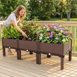 Growchum Modular Raised Garden Bed Kit – DIY Stackable Plant Stand with Self-Watering, 47.24"x15.75"x14.17" Brown Plastic Planter for Herbs, Veggies & Flowers, Includes Vertical Trellis System