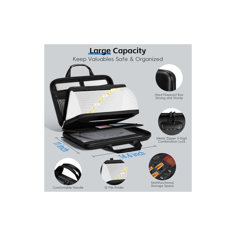 Fireproof Document Organizer Box with Lock & File Folder, Portable