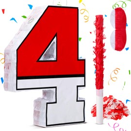 16 Inch Red and White Number 4 Pinata for 4th Birthday Party Decorations, Birthday Pinata with 16 Inch Piñata Stick Blindfold Confetti for Sons Daughters, 4th Birthday Party Supplies Party Favors