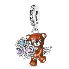 Streetculture Cute Teddy Bear with Bouquet and Wings Bear Teddy Charm 925 Silver Charm Bracelet Pendant Jewellery Accessories Sterling Silver, Sterling Silver, No Gemstone