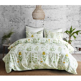 Feelyou Floral Print Bedding Set, Botanical Comforter Cover Cute Yellow Daisy Flower and Green Plants Gardern Pattern Bedroom Dcor Queen Size 3 Pcs (1 Duvet Cover + 2 Pillow Shams) with Zipper