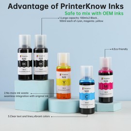 522 Ink Refill Bottles (5 Pack) Compatible with Ecotank ET-2800 ET-2400 ET-4800 ET-2840 ET-2803 ET-2720 ET-4700 ET-4810 Printers,High Yield Replacement for 522 Ink Refill Bottles
